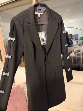 Black Embellished Bow-Trim Long Blazer dress